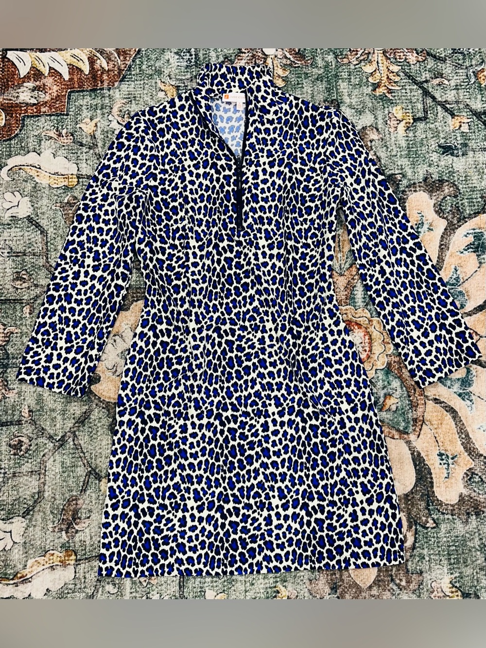 Jude Connally Royal Blue Leopard Print Quarter Zip Stretch Dress Made USA Sz S